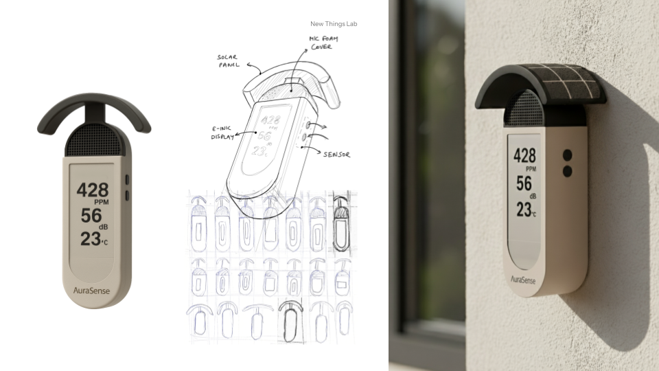 AuraSense concept design, 3D render, sketches, and mounted device