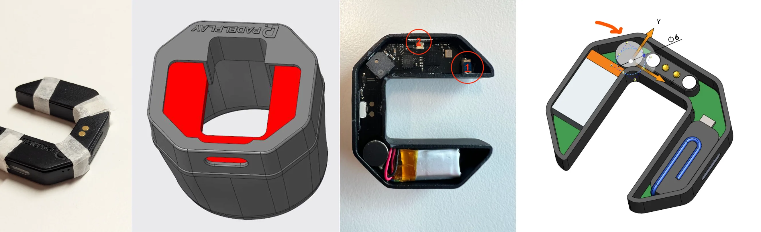 PadelPlay Gen1 development, early prototype, CAD model, internal layout, concept sketch