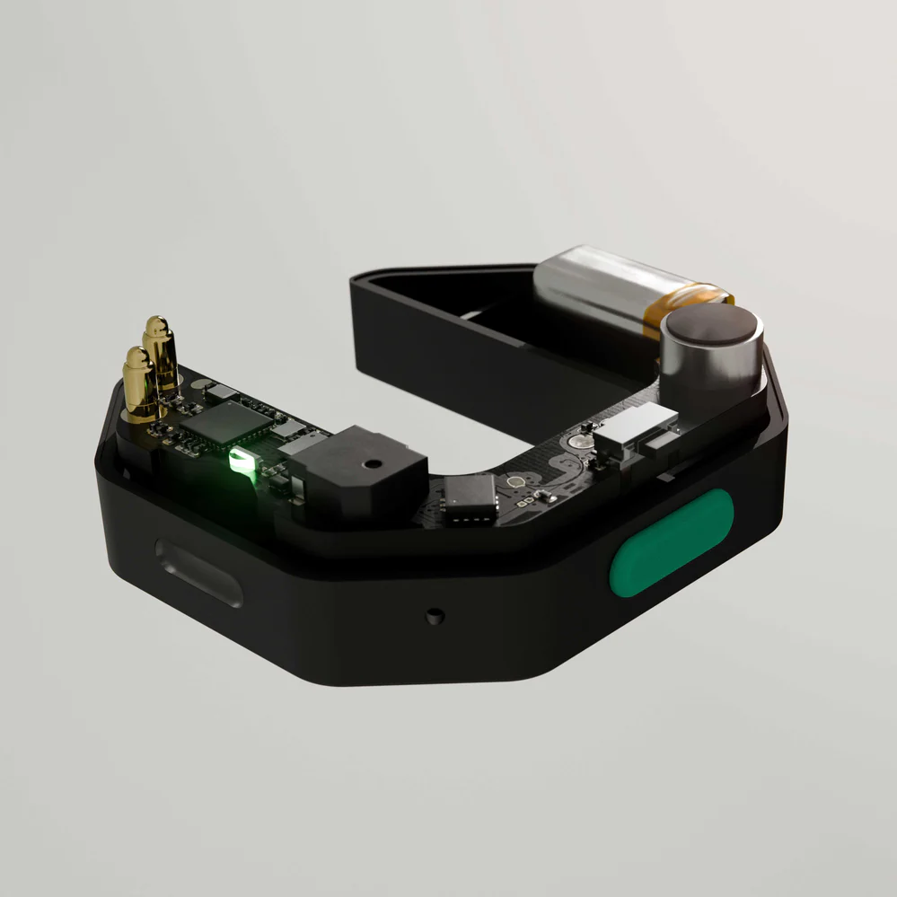 PadelPlay sensor, exploded view showing PCB, battery, and housing