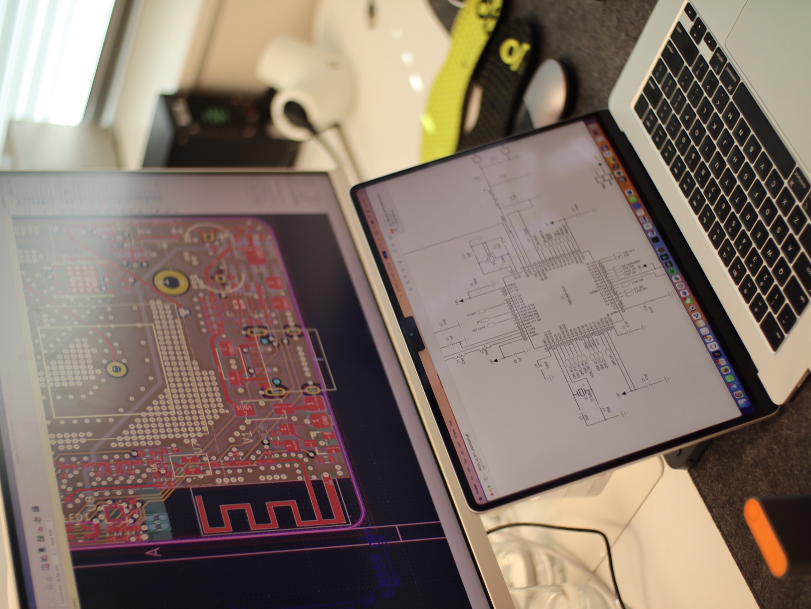 PCB layout and schematic design on dual screens